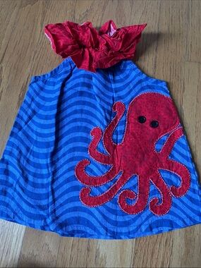 Mud Pie Blue Striped Tank with Red Octopus Applique